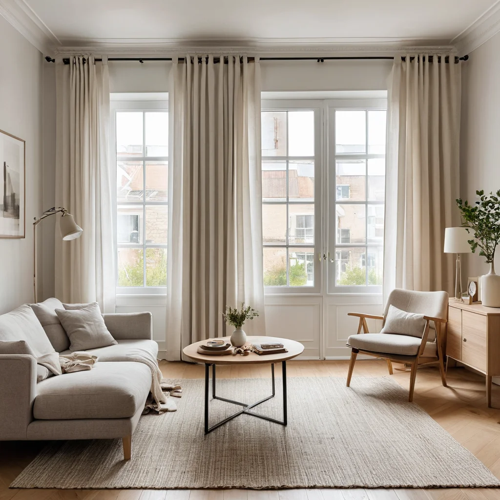 Гостиная в скандинавском стиле с минималистичным декором: льняные шторы, шерстяной ковер, нейтральные тона, текстиль из H&M Home.