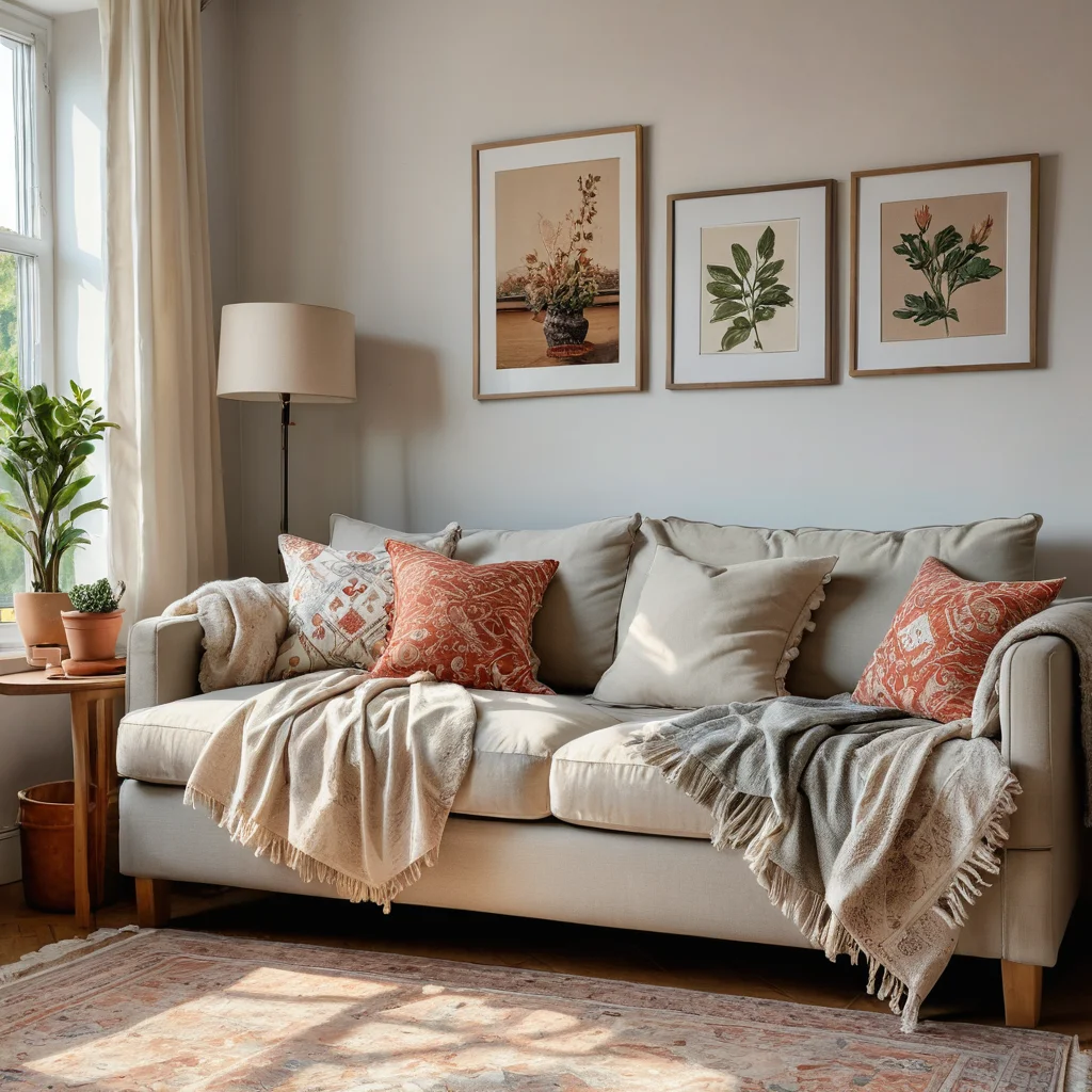Загроможденный домашний интерьер с несовпадающим текстилем, тканями низкого качества и неудачным дизайном, показывающий частые ошибки при выборе бюджетного декора.