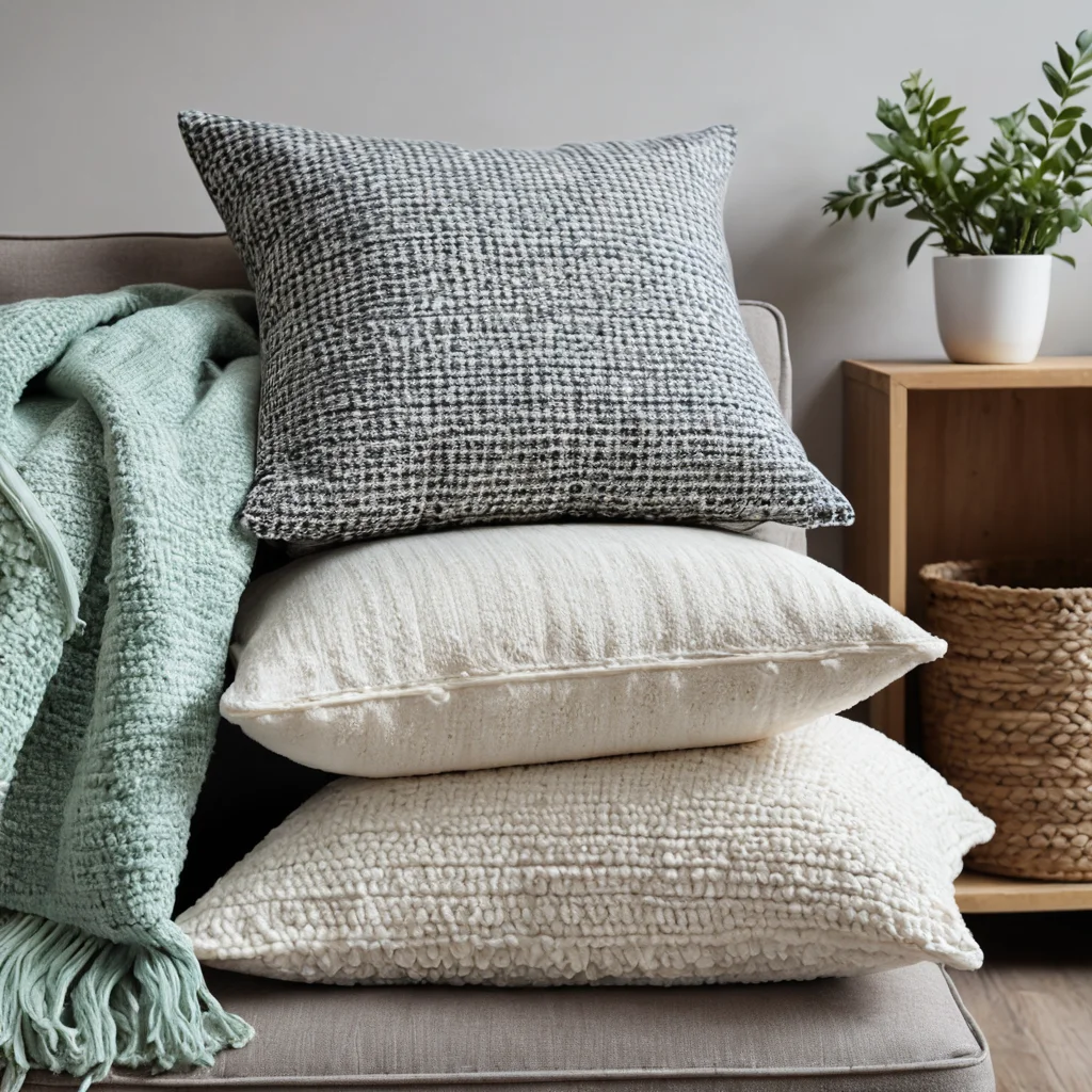 Витрина с товарами для дома на распродаже, демонстрирующая сезонную коллекцию текстиля: узорные пледы и фактурные подушки из Jysk и H&M Home.