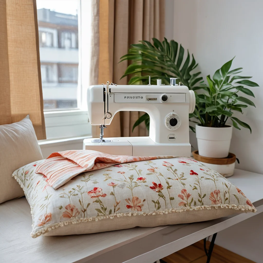 Мастер-класс по созданию DIY-текстиля: швейная машина, обрезки ткани и процесс изготовления уникальной наволочки для декора интерьера.