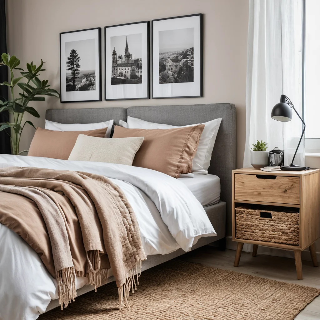 Стильная спальная зона с акцентом на доступный текстиль нейтральной цветовой палитры, тщательно отобранный в магазинах H&M Home и Jysk.