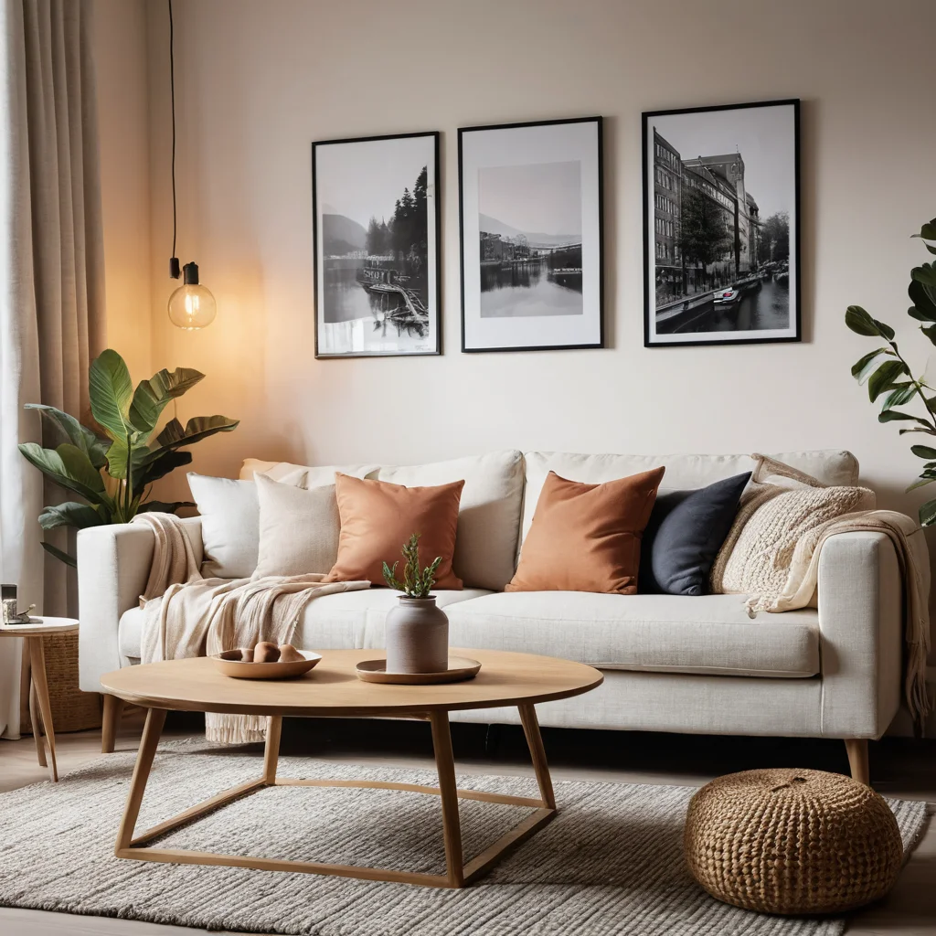 Уютная гостиная, украшенная бюджетным текстилем из H&M Home и Jysk, с мягким теплым освещением, демонстрирующая магию преображения дома без лишних трат.