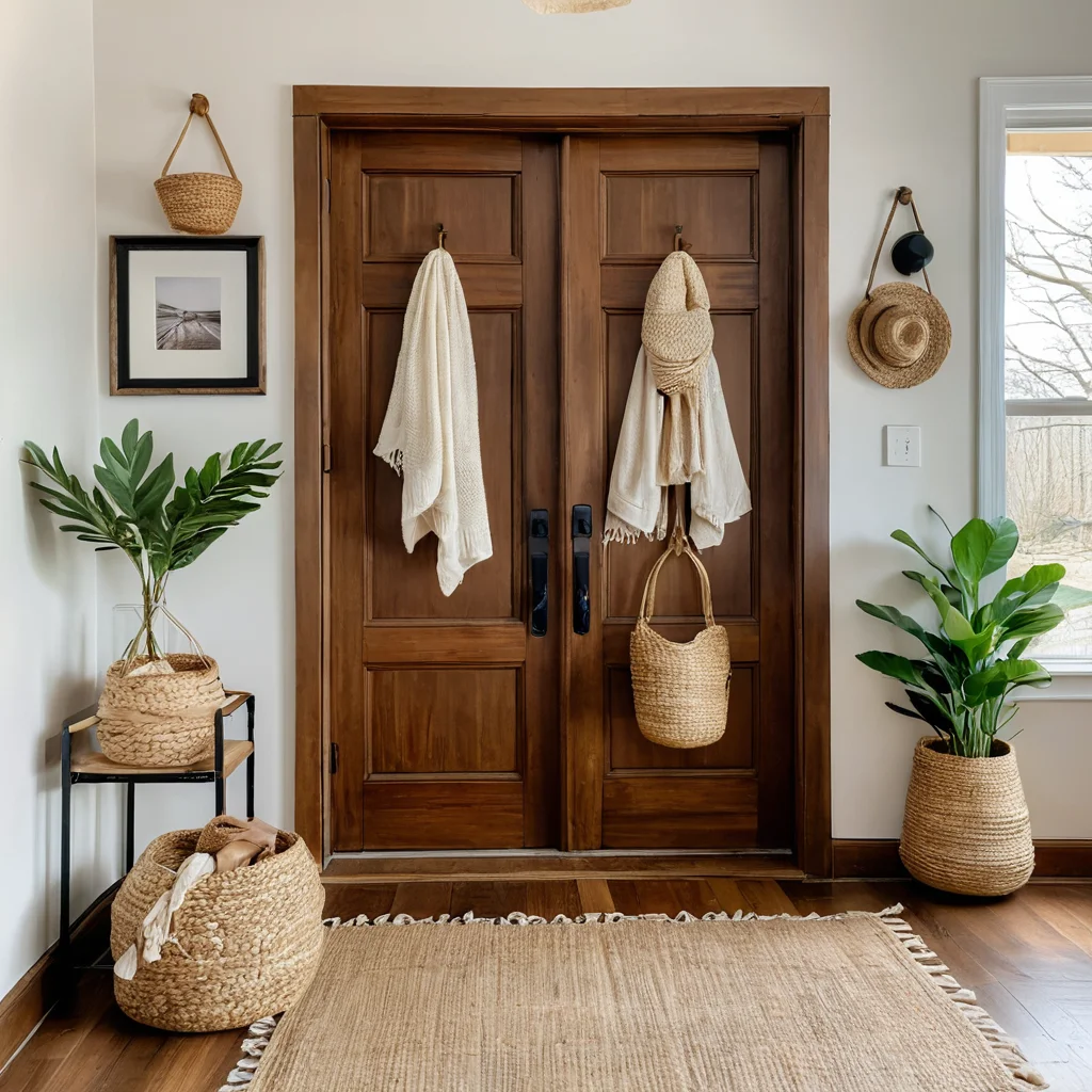 Красиво оформленная прихожая с доступным декором, уютным текстилем и теплой атмосферой, создающая ощущение желанного уюта в доме.
