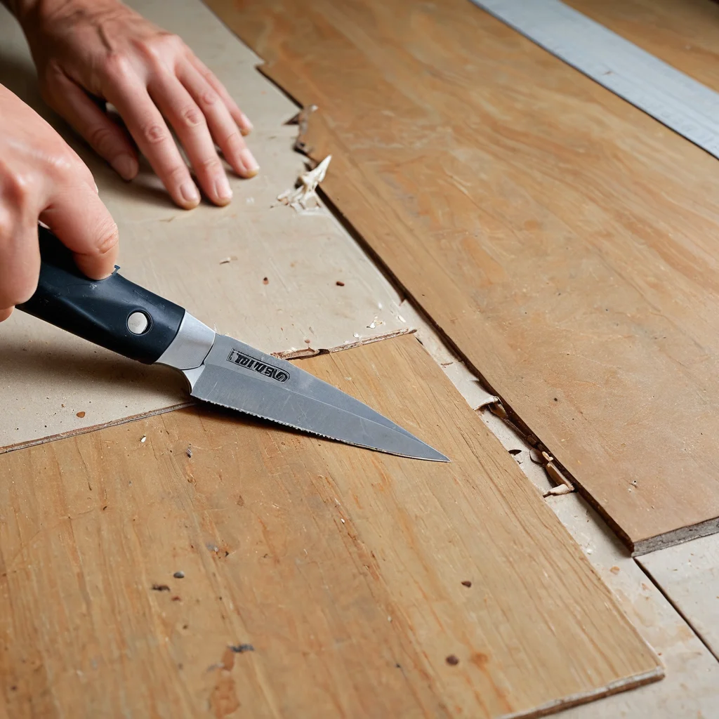 Крупный план демонстрирует частые ошибки новичков при работе с остатками линолеума и ламината: неровный срез, видимые следы клея, отслаивающийся край. Рядом лежат инструменты для исправления – острый нож и наждачная бумага, символизирующие, как избежать этих промахов.