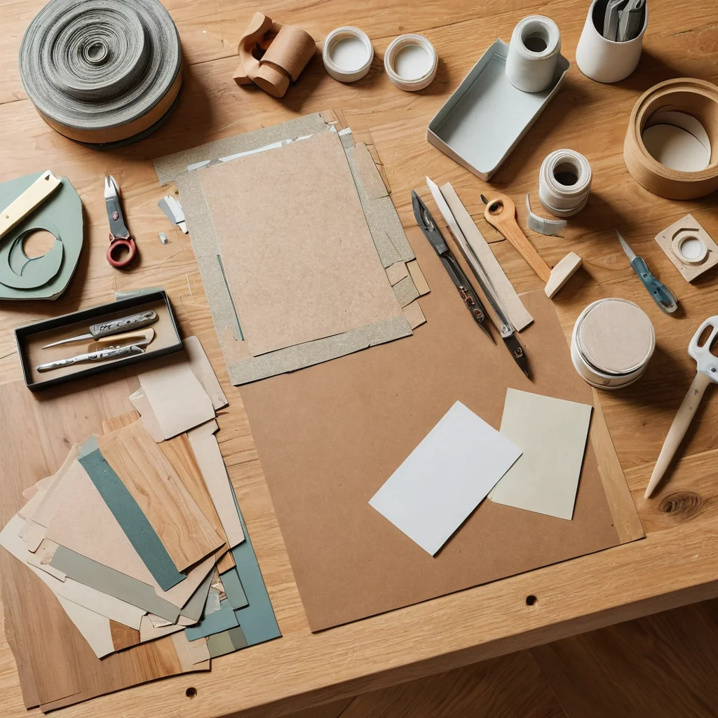 Крупный план на рабочем столе: аккуратно разложены остатки линолеума и ламината разных цветов и текстур, рядом лежат базовые инструменты для DIY-проектов – нож, линейка, клей, наждачная бумага. Все готово для создания бюджетного декора.