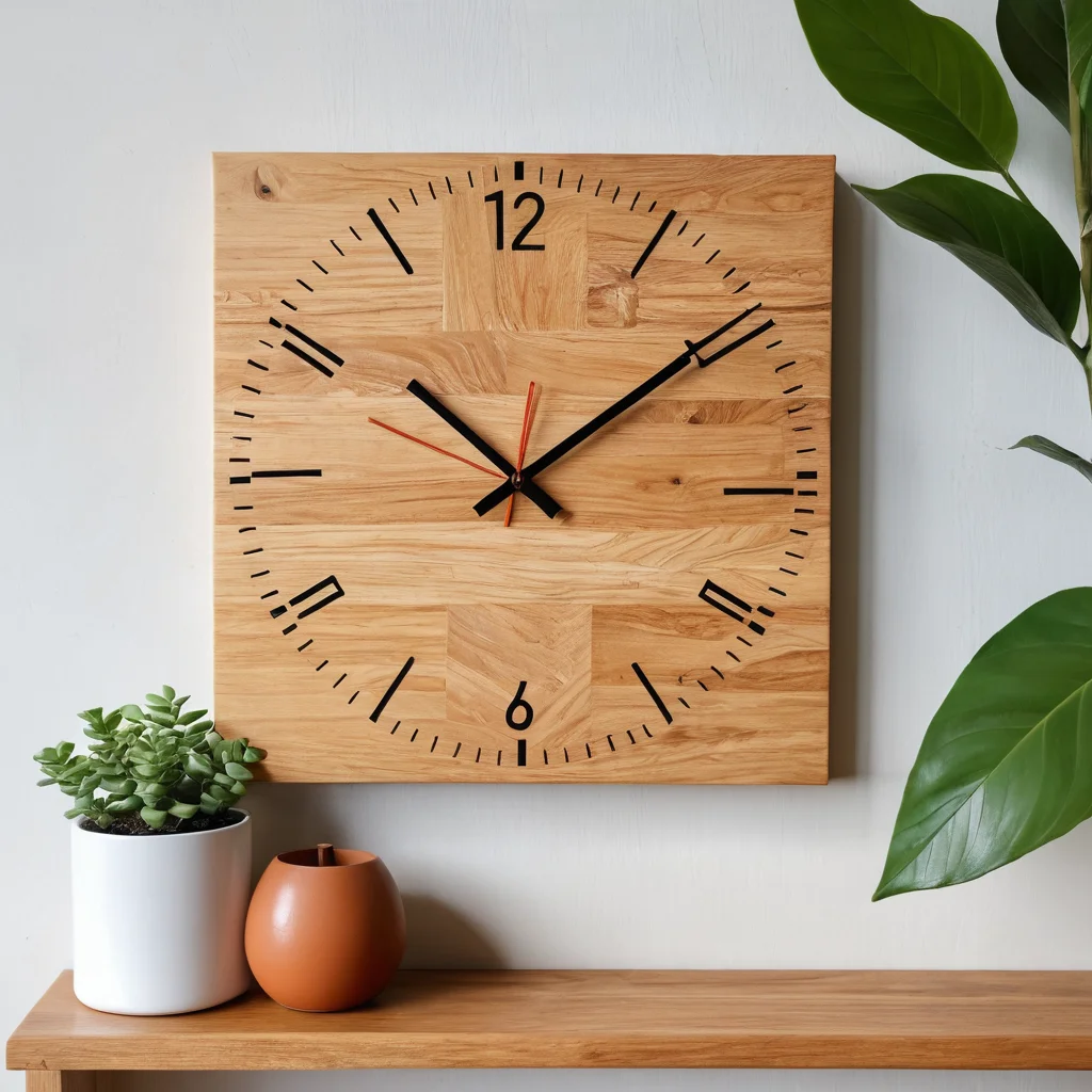 Уютный скандинавский интерьер с элементами DIY-декора: на стене висят стильные часы из обрезков ламината, а на полке стоит небольшая абстрактная картина из линолеума. Изображение показывает, как идеи декора из остатков материалов адаптируются под разные стили интерьера.