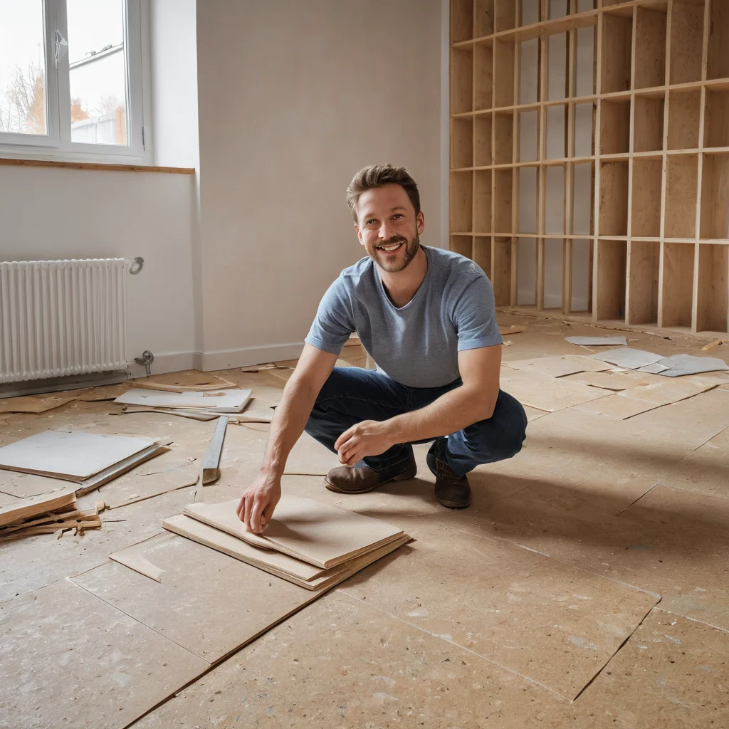 Человек аккуратно собирает чистые обрезки линолеума и ламината из специально отведенного места на строительной площадке. Изображение иллюстрирует лайфхаки для экономии и вдохновения, показывая, где можно найти материалы для DIY-декора бесплатно.