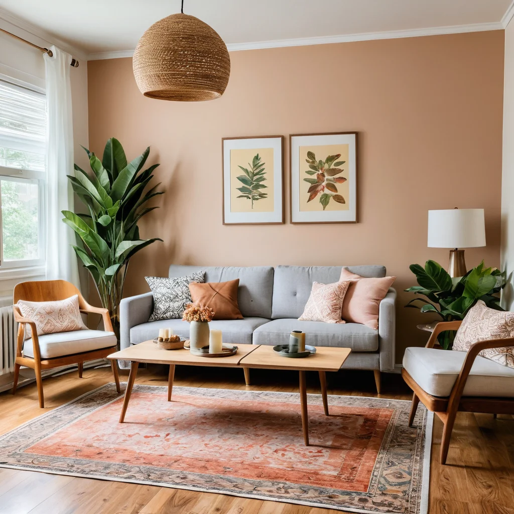 Уютная гостиная, наполненная теплым светом, с множеством стильных предметов декора, созданных из переработанных остатков линолеума и ламината. Изображение подчеркивает магию преображения, отражая творчество хозяев и их заботу о планете через уникальный DIY-декор.