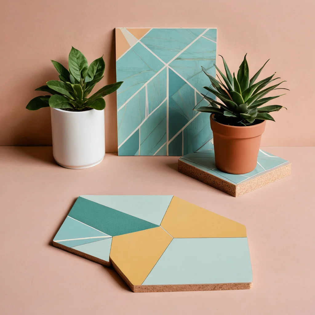 Три уникальных предмета DIY-декора, созданных из линолеума и ламината: набор стильных геометрических подставок под чашки, современная подставка для растений и эффектное настенное панно. Изображение демонстрирует