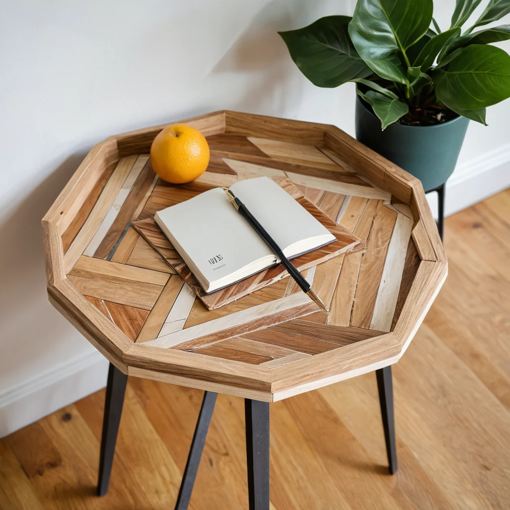 Современная гостиная с дизайнерскими акцентами: на стене геометрический декор из остатков линолеума, на журнальном столике подставка из ламината. Изображение демонстрирует выгоду и красоту использования строительных обрезков для стильного и бюджетного декора дома.