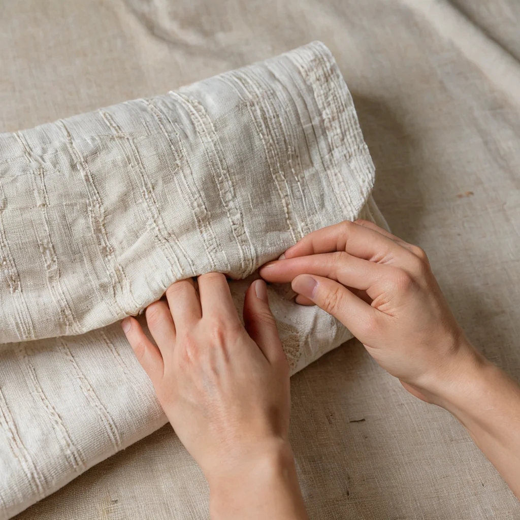 Крупный план незаконченного проекта по созданию декора из ткани, демонстрирующий распространенную ошибку: слегка неровные стежки или неудачное сочетание лоскутов, что служит примером 'подводных камней' рукоделия.