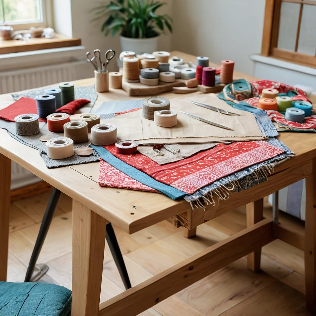 Рабочий стол, заставленный аккуратно разложенными остатками ткани разных цветов и текстур, ножницами, иглами и нитками – все необходимые инструменты для бюджетного DIY-декора.