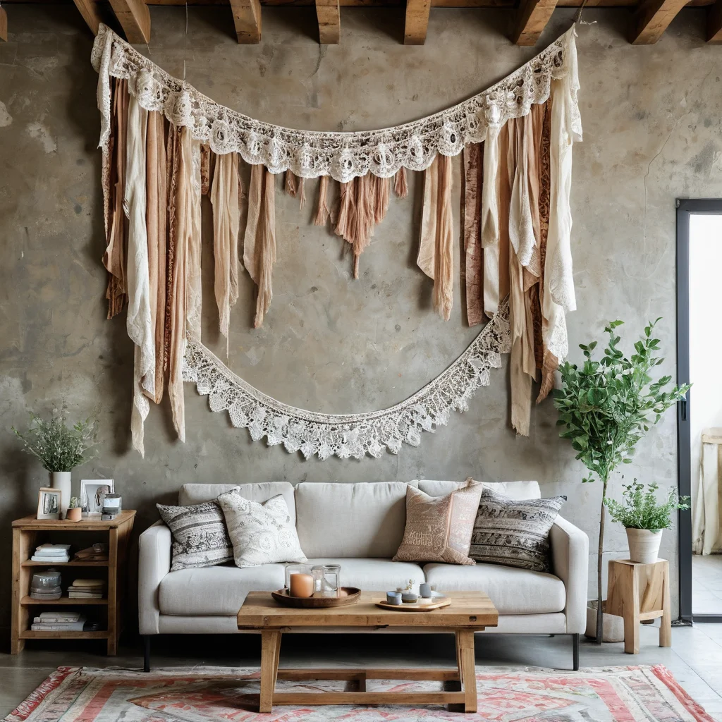 Коллаж, показывающий адаптивность тканевого декора: слева — уютная комната в стиле прованс с гирляндами из ткани, справа — современный лофт с аппликациями и панно из обрезков ткани, демонстрирующий универсальность DIY-решений.