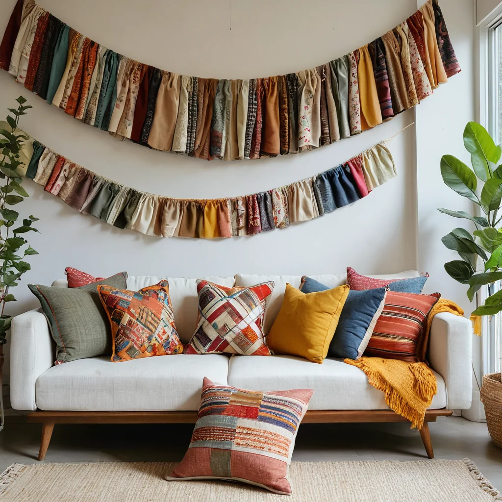 Уютная гостиная с элегантным декором из остатков ткани: подушки, гирлянды и настенные панно, подчеркивающие стильный, экономный и экологичный подход к оформлению интерьера.