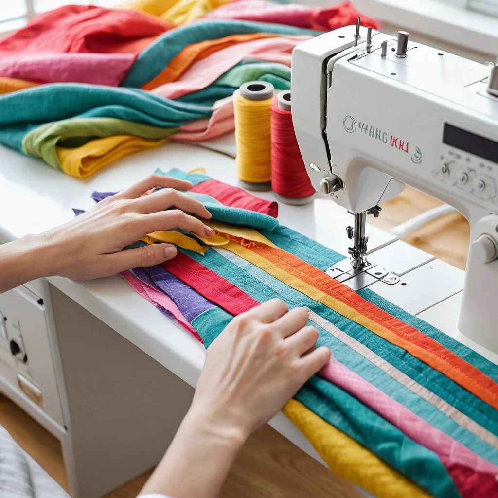 Крупный план: руки создают яркую гирлянду из остатков ткани, сшивая разноцветные полоски. Рядом видны заготовки для аппликаций и другие элементы бюджетного тканевого декора.