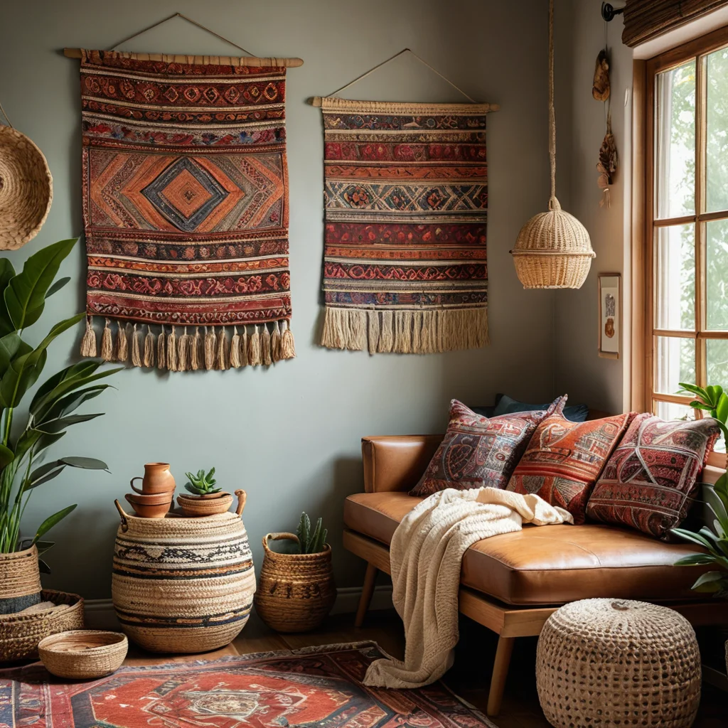 Яркий журнальный декор в интерьере бохо-стиля, включающий элементы ручной работы из глянцевых страниц, адаптированный под естественные материалы и создающий уютную, художественную атмосферу.