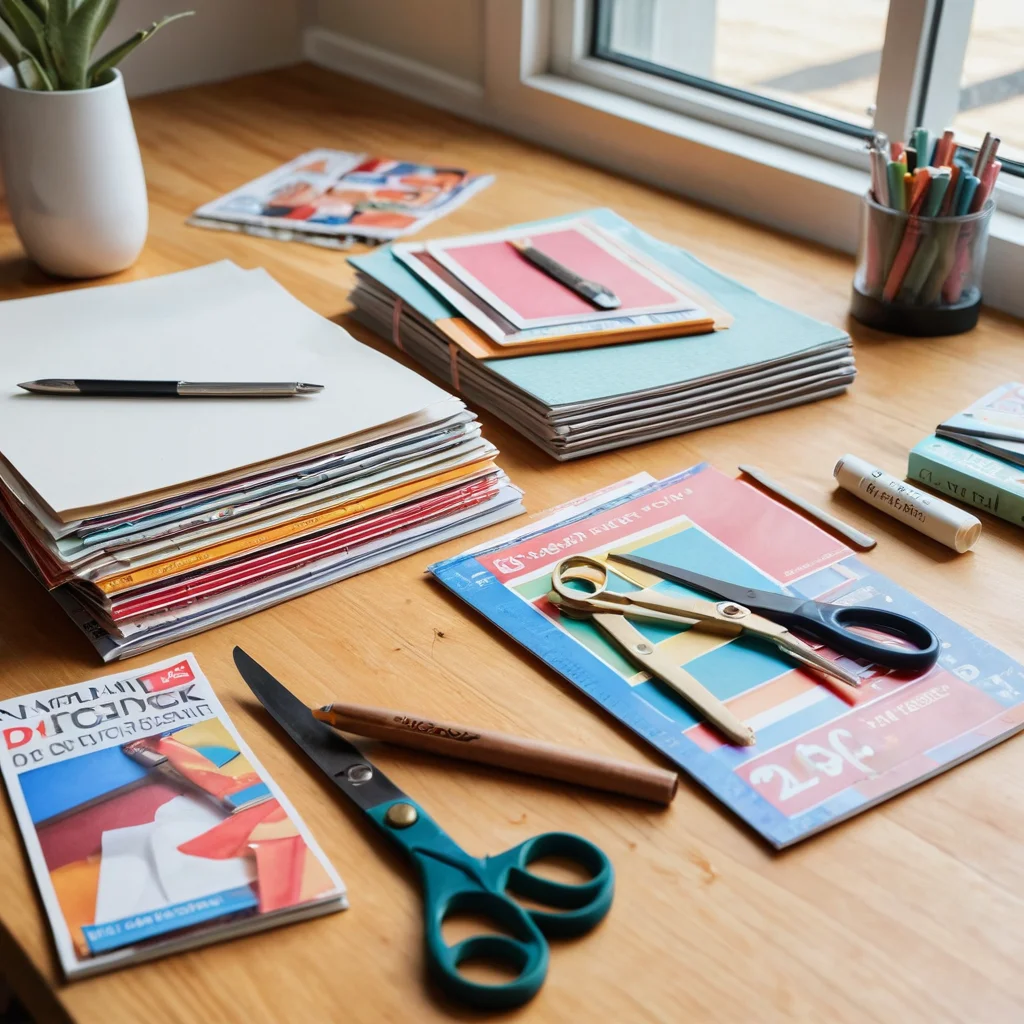 Набор недорогих материалов и инструментов для рукоделия из журналов: ножницы, клей-карандаш, линейка, режущий коврик и стопка глянцевых журналов, разложенные на деревянной столешнице.