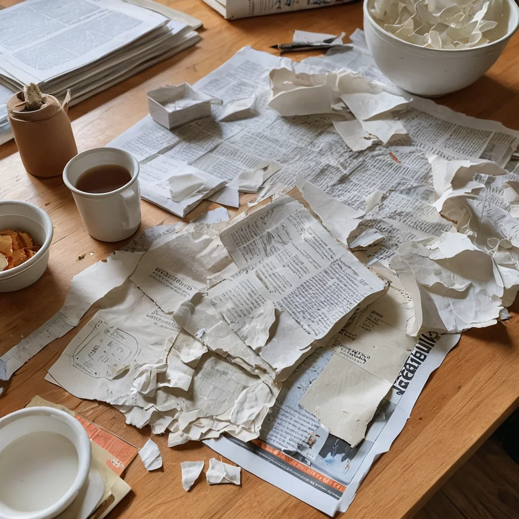 Крупный план журнальной поделки с явными ошибками: неаккуратный клей, неровно обрезанные края и мятая бумага, иллюстрирующий распространенные подводные камни при работе с журнальной бумагой.