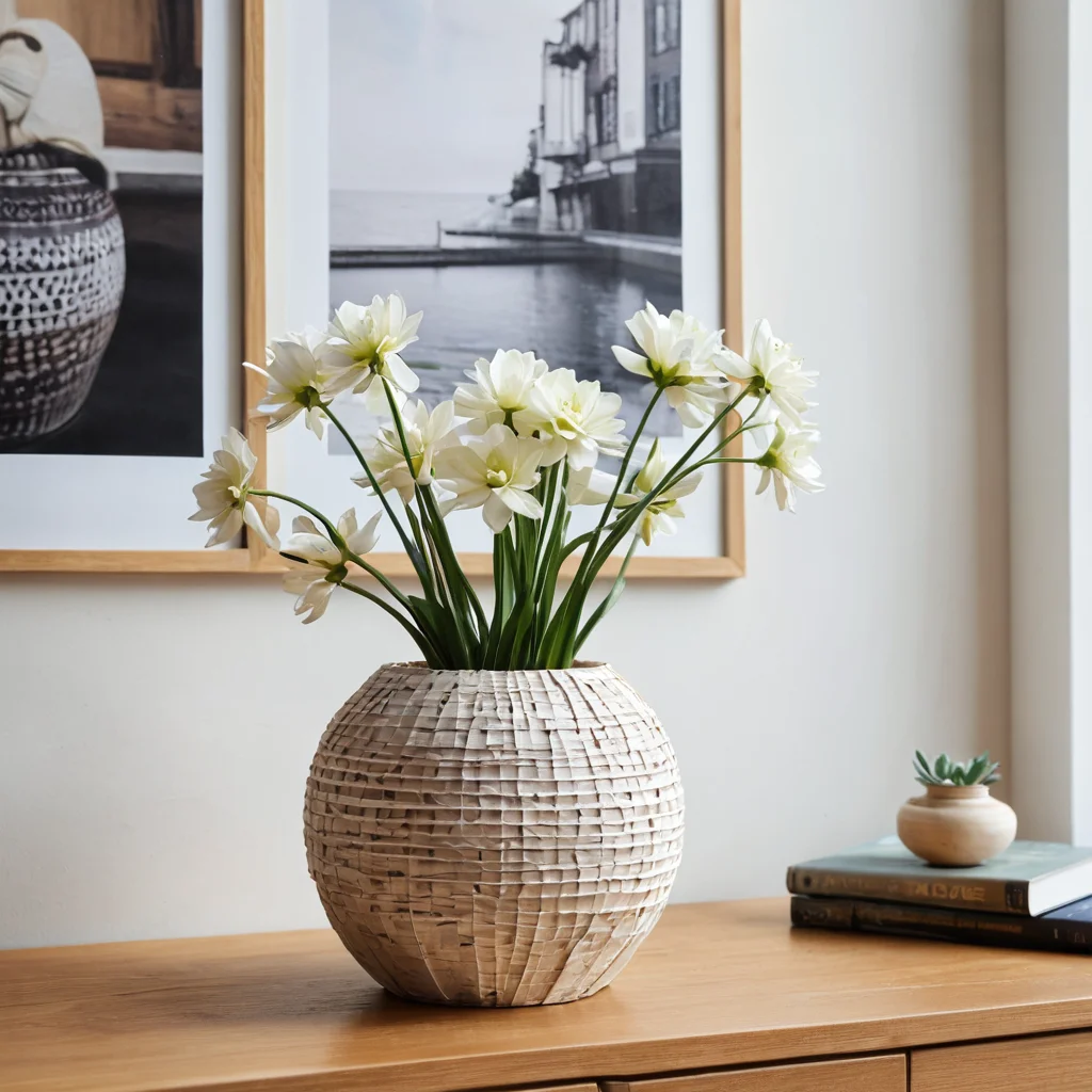 Коллекция дизайнерских предметов интерьера, сделанных своими руками из журналов: элегантная ваза, компактный пуф и декоративная чаша, демонстрирующие лучшие идеи DIY-декора.