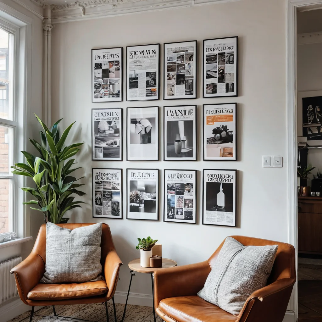 Элегантная композиция из старых глянцевых журналов, демонстрирующая их потенциал как бесплатного дизайнерского ресурса для стильного декора дома, освещенная мягким естественным светом.