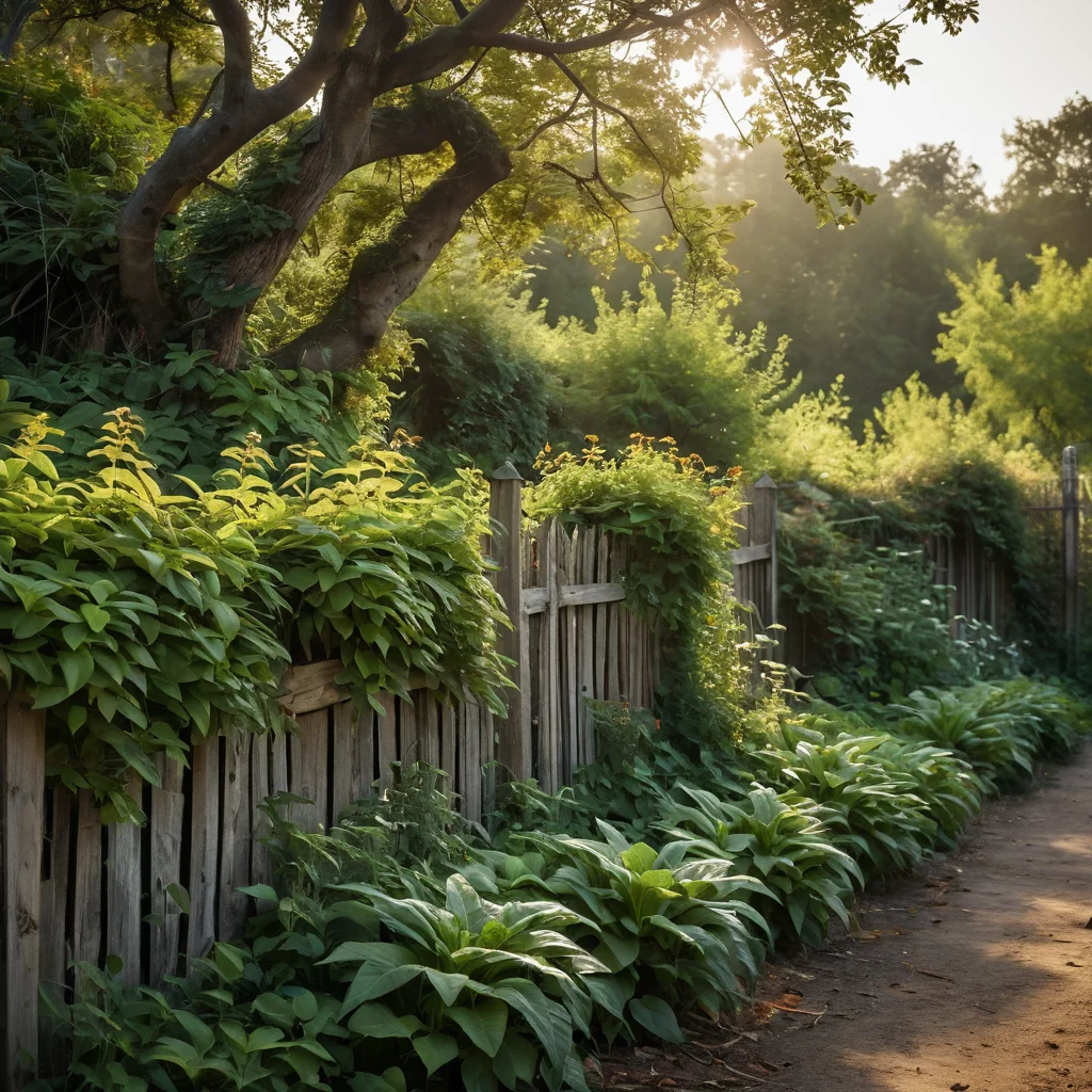 Заброшенный и неопрятный забор с редкими, больными вьющимися растениями и сорняками, демонстрирующий типичные ошибки при создании цветущего забора.