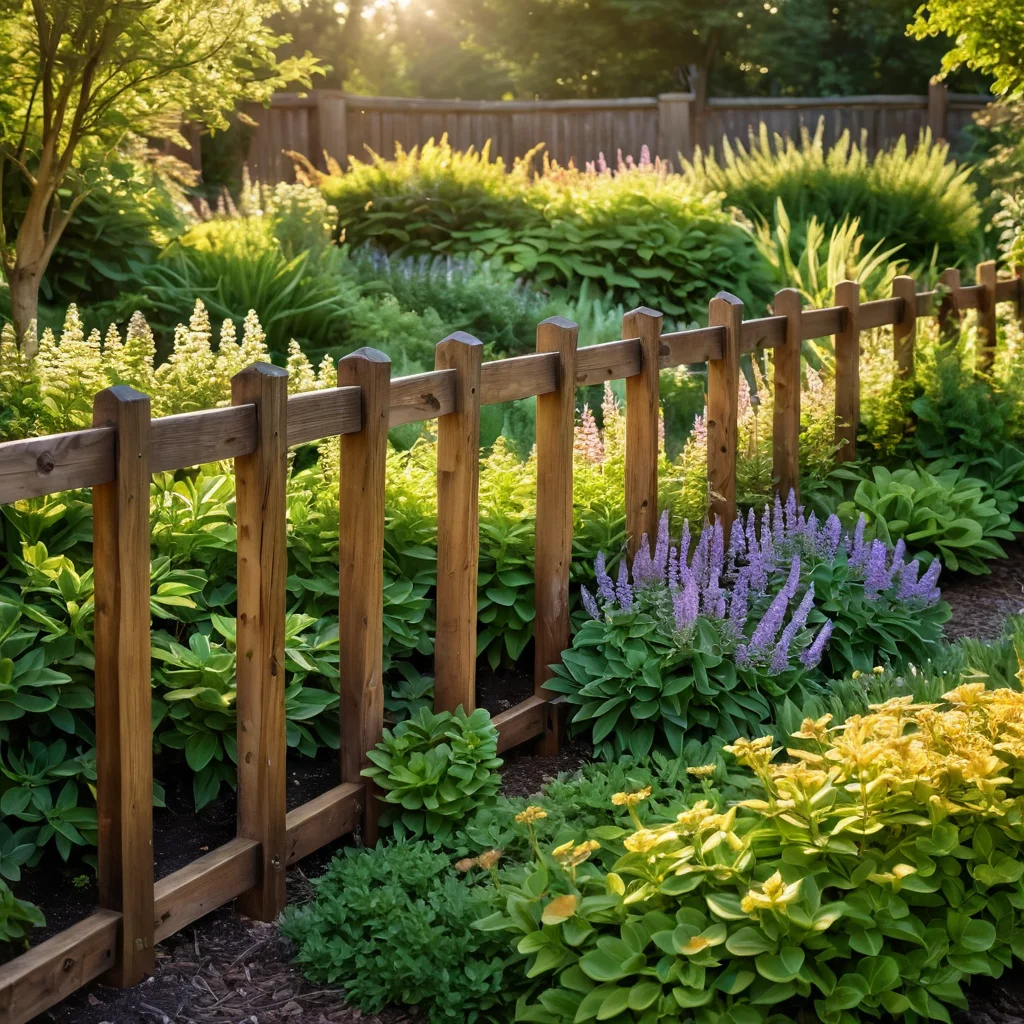 Крупный план деревянного забора, украшенного неприхотливыми многолетними цветами, такими как седум и лаванда, с пчелами, в теплом свете золотого часа.
