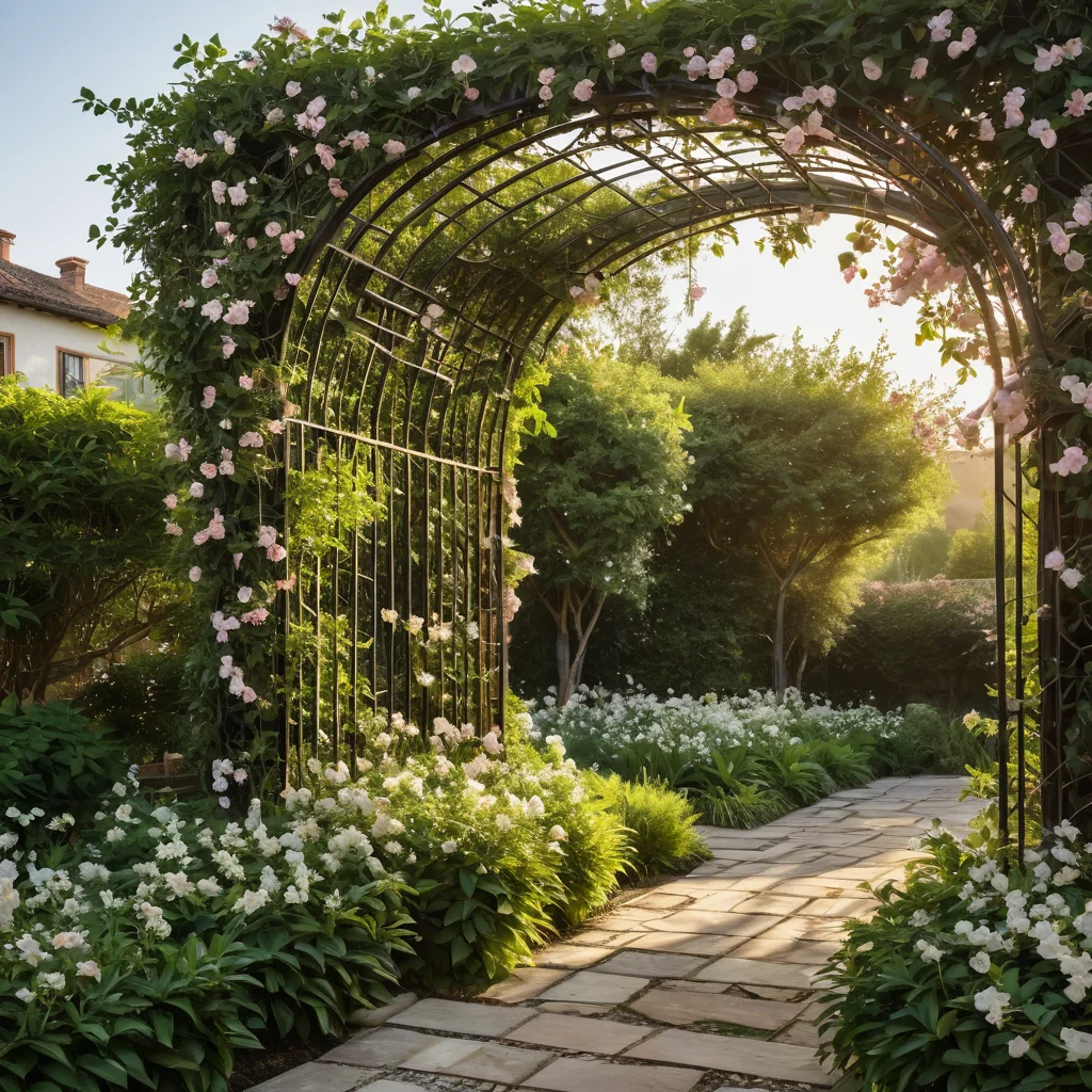 Элегантная кованая шпалера в форме арки, увитая цветущим жасмином и жимолостью, с белыми и розовыми бутонами, под мягким утренним светом.