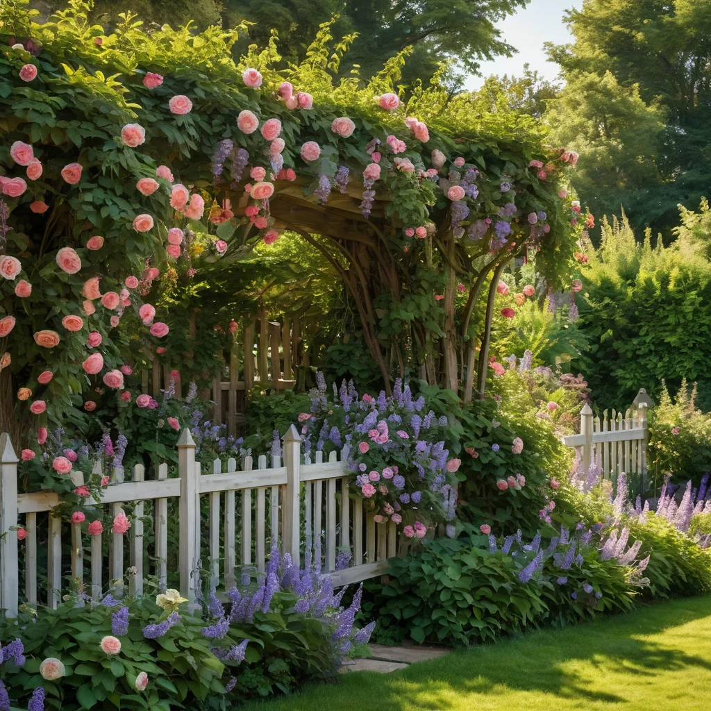 Живописный забор, увитый пышными цветущими растениями, такими как розы и клематис, в стиле английского сада, создающий уютную атмосферу.