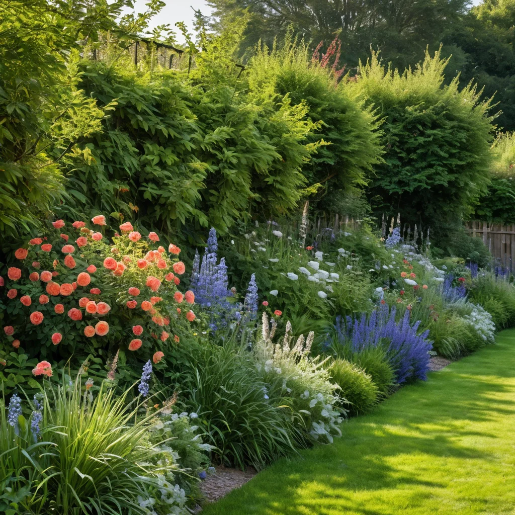 Многослойная композиция из вьющихся роз, дельфиниумов и декоративных трав на фоне забора, создающая живописное полотно цвета и текстуры.