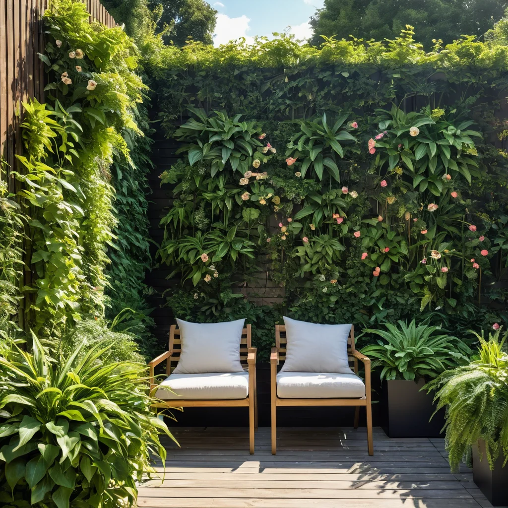 Современный забор с вертикальным озеленением, украшенный каскадами цветущих растений и зелени, создающий ощущение городского оазиса.