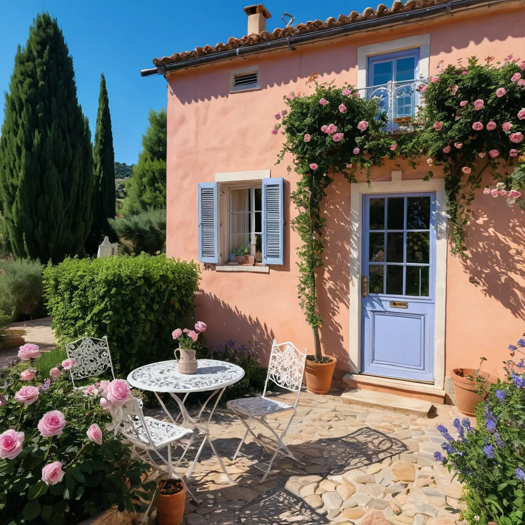 Очаровательный дачный пейзаж в стиле Прованс с пышными кустами лаванды, белой кованой мебелью, терракотовыми горшками и ярким солнечным светом, создающий атмосферу нежности и уюта на дачном участке.