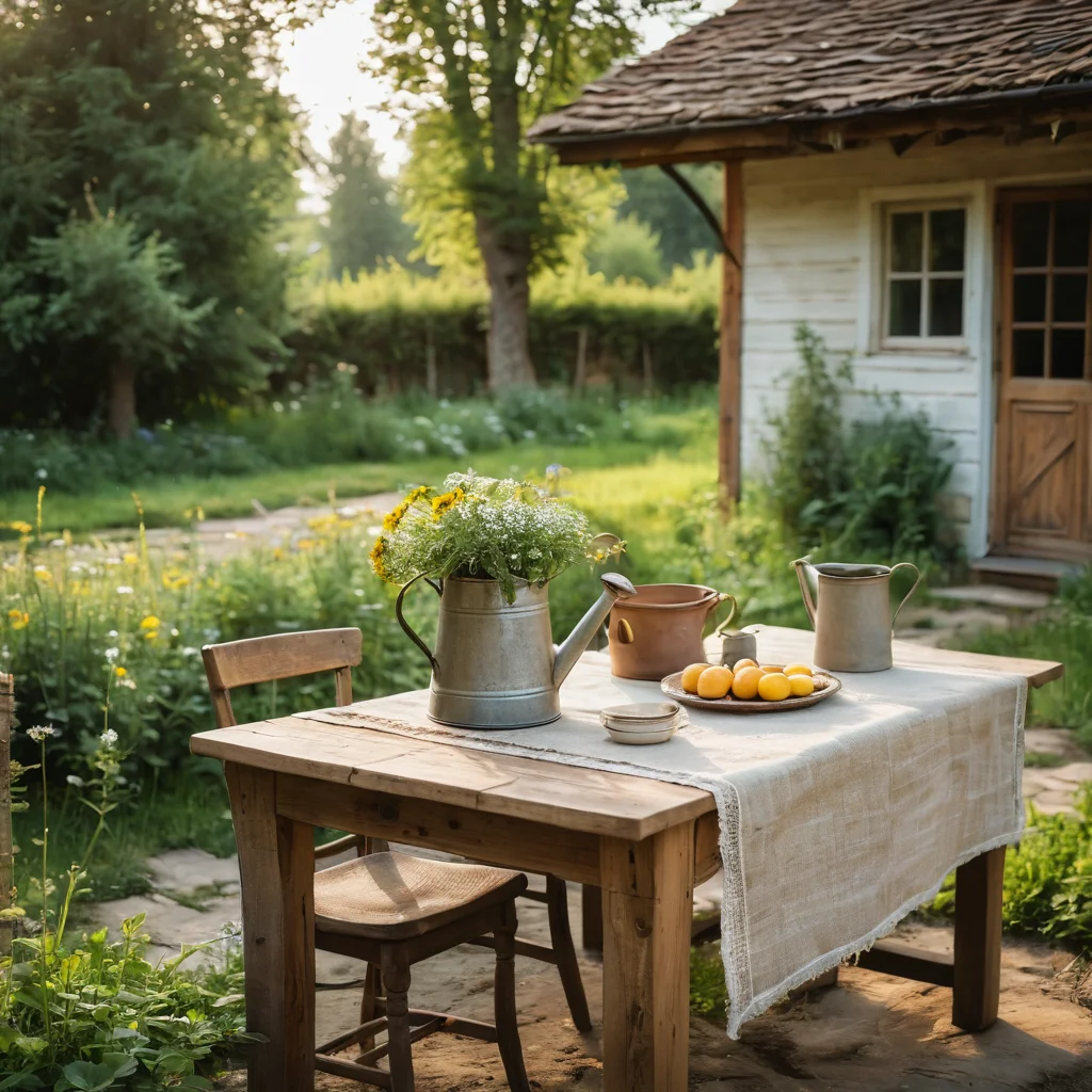 Уютный дачный уголок в рустик стиле с выветренной деревянной скамейкой, глиняными горшками, полевыми цветами и старинной лейкой, демонстрирующий простоту и натуральность декора для дачи и ключевые черты этого стиля.
