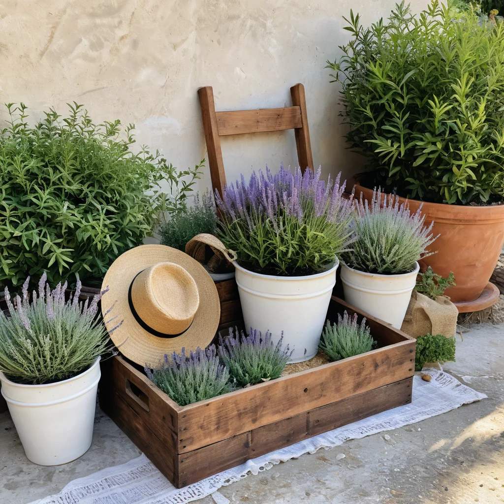 Композиция из различных элементов декора, разделённая на две части: для рустик стиля – состаренный деревянный ящик, глиняные горшки и мешковина; для прованса – белая керамика, веточки лаванды и кованые детали, демонстрирующая подбор элементов для дачного декора.