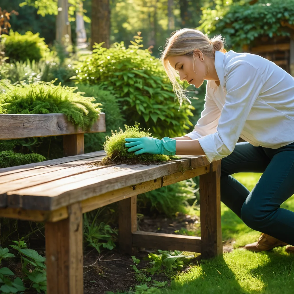 Руки, бережно очищающие деревянную садовую скамью от мха, демонстрирующие уход за дачным декором в рустик стиле. Изображение иллюстрирует секреты поддержания красоты и долговечности садовых элементов и предотвращение ошибок.