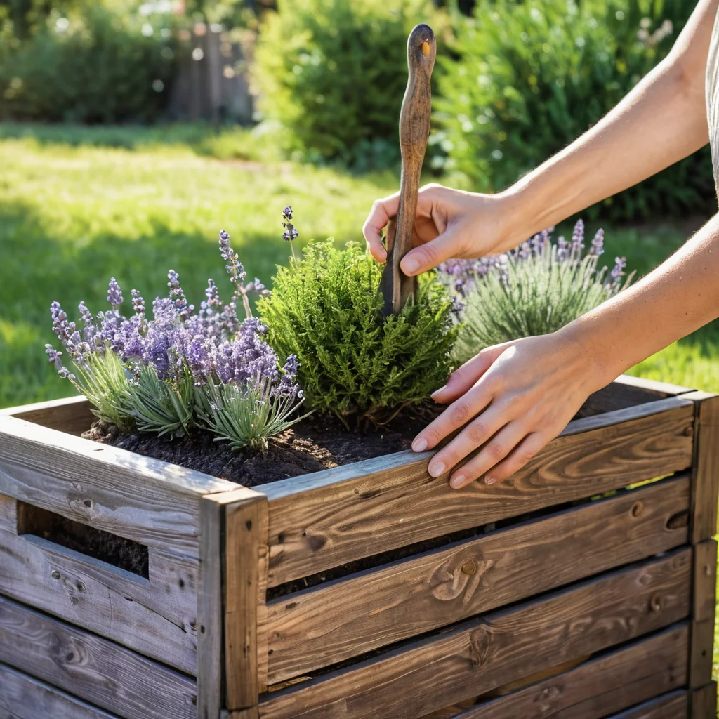 Крупный план рук, занимающихся созданием дачного декора своими руками: одна рука красит деревянную табличку в прованском стиле с мотивом лаванды, другая – обрабатывает деревянный элемент для рустик декора.