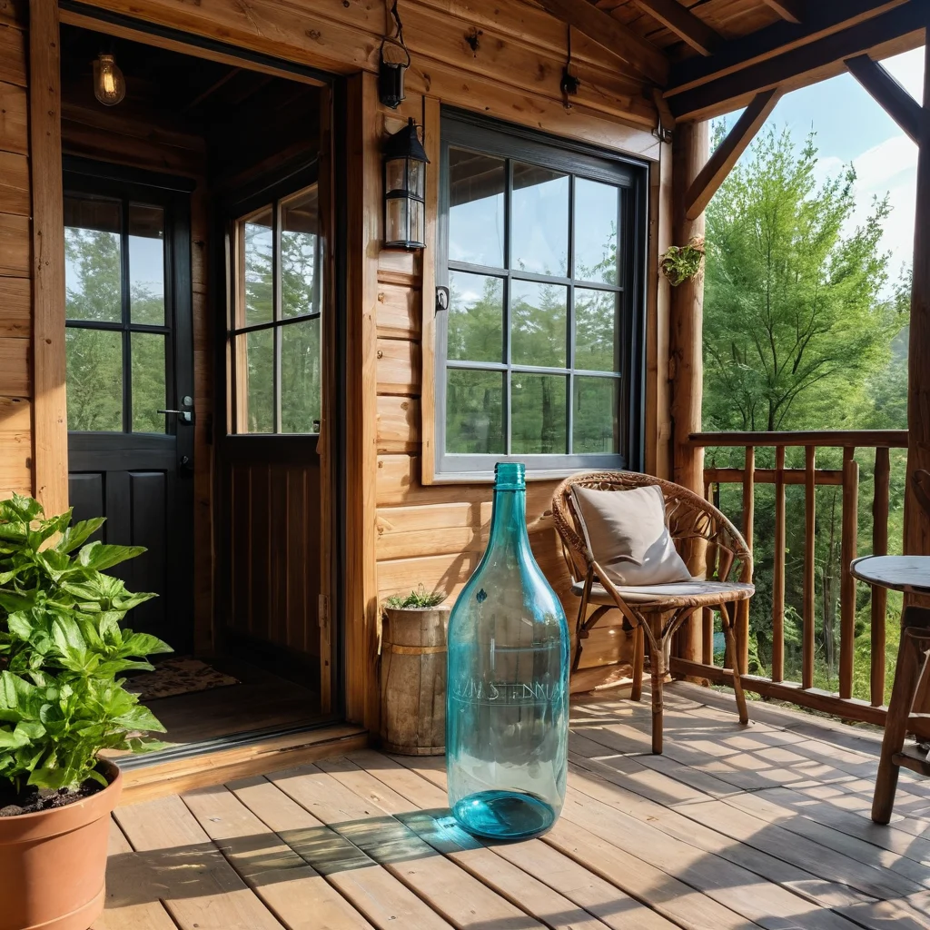 Уютный уголок на даче с декором из пластиковых бутылок, адаптированным под деревенский стиль, например, подвесные кашпо с зеленью на веранде, показывающий, как интегрировать DIY декор в разные зоны.