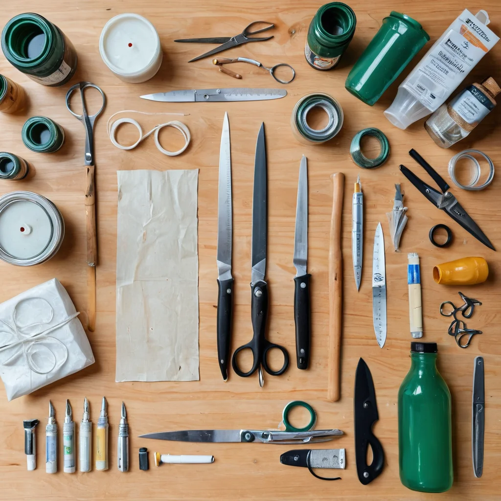 Набор простых и бюджетных материалов для создания декора из пластиковых бутылок на даче: чистые пластиковые бутылки, ножницы, краски, клей, демонстрирующие доступность необходимых инструментов.