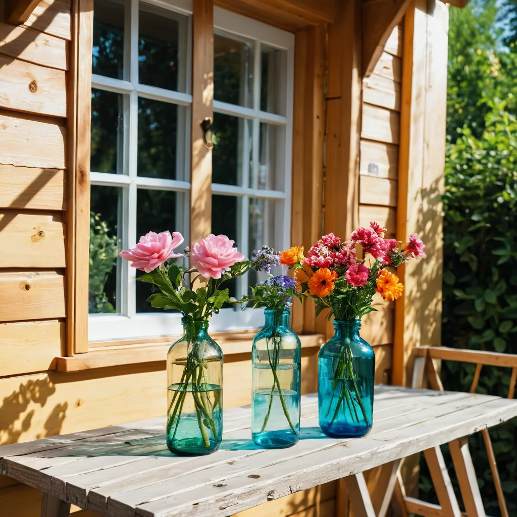 Элегантная клумба из разноцветных пластиковых бутылок, гармонично вписанная в ландшафт дачного сада, демонстрирующая красоту и экологичность декора из пластиковых бутылок.