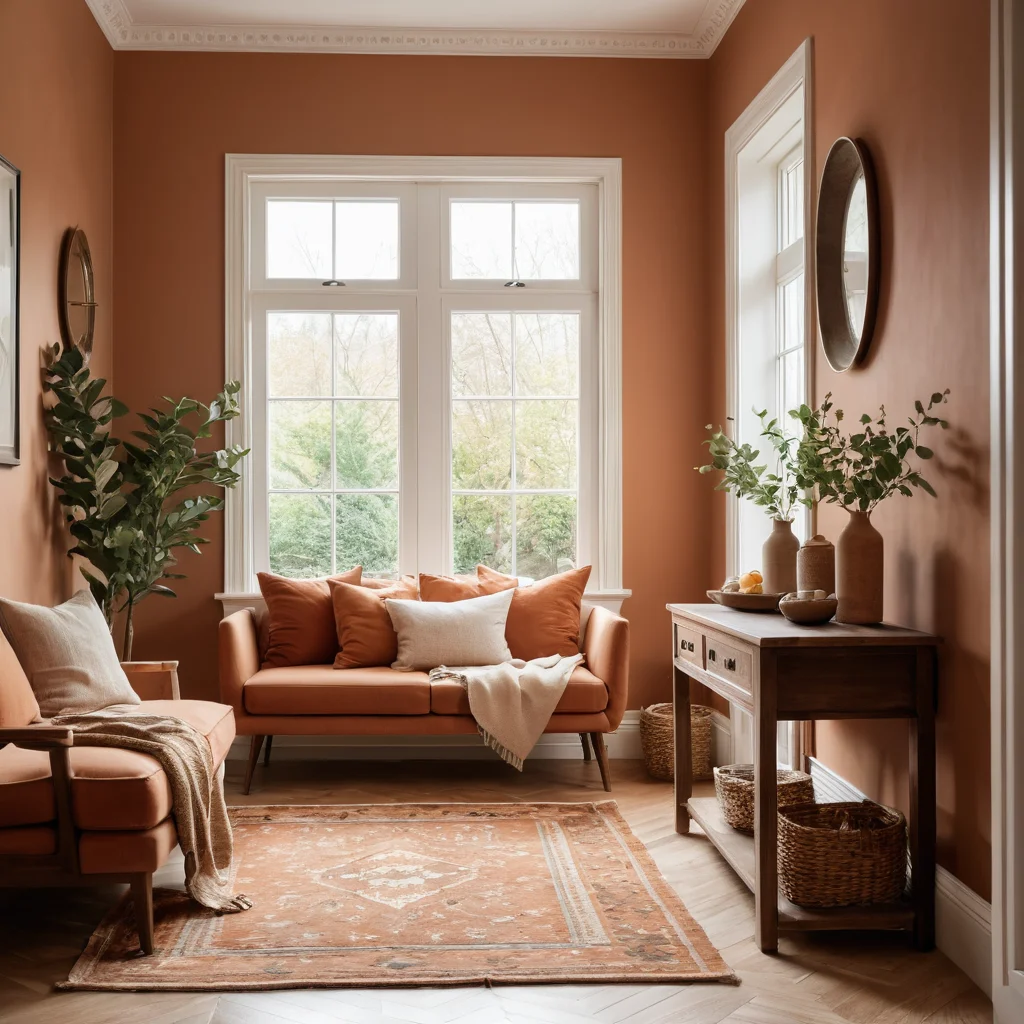 Фотореалистичное изображение прихожей, оформленной в тёплой цветовой палитре с акцентами терракоты и бежевого, создающей уютное и радушное настроение.
