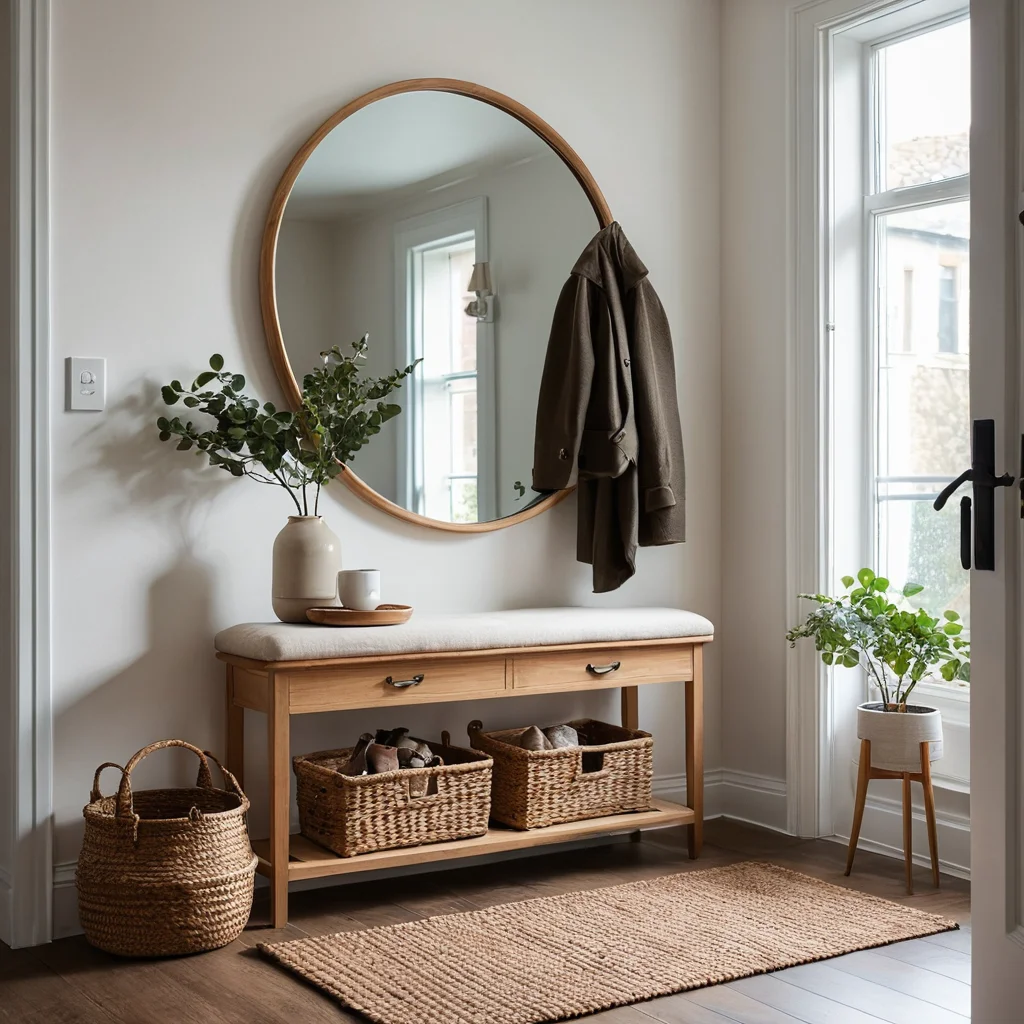 Фотореалистичное изображение деталей прихожей: элегантное зеркало, стильная вешалка и уютный коврик, которые создают гостеприимную атмосферу и добавляют индивидуальности.