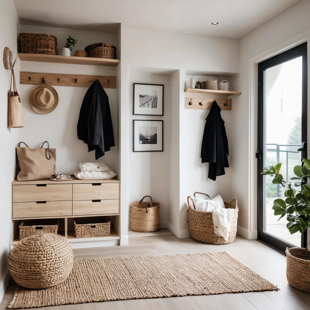 Фотореалистичное изображение организованной прихожей с функциональным пространством, эстетичным дизайном и продуманными решениями для хранения, создающее ощущение порядка и гостеприимства.