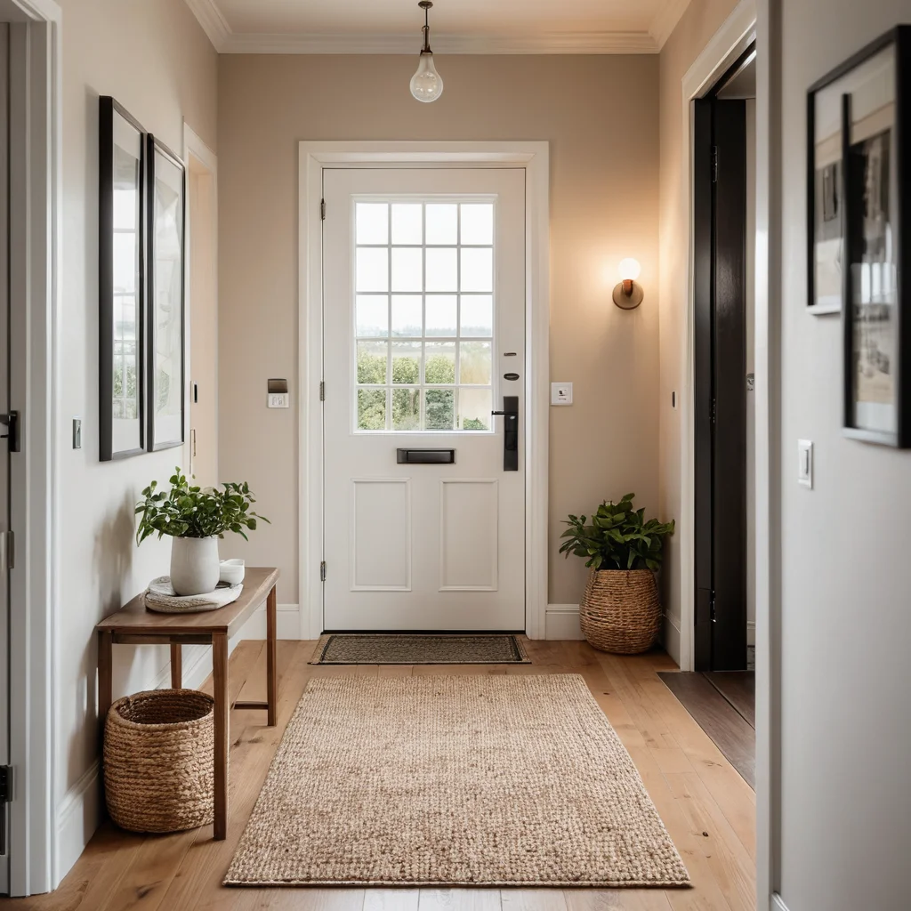 Фотореалистичное изображение уютной прихожей, демонстрирующей тёплое освещение и изысканный декор, создающее ощущение прибытия и первое впечатление о доме.