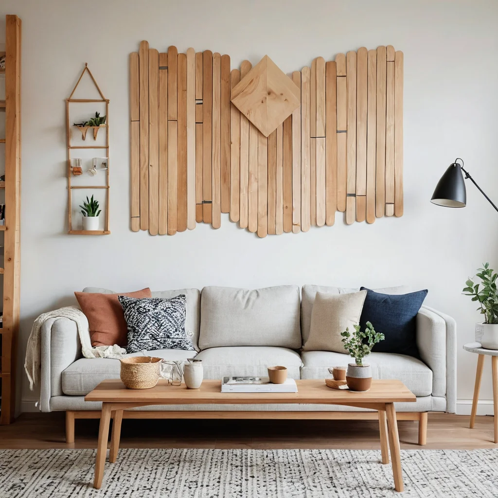 Декоративное панно из палочек от мороженого, гармонично вписанное в скандинавский интерьер. Изображение демонстрирует универсальность DIY-декора из палочек, способного дополнить любой стиль, от минимализма до бохо.