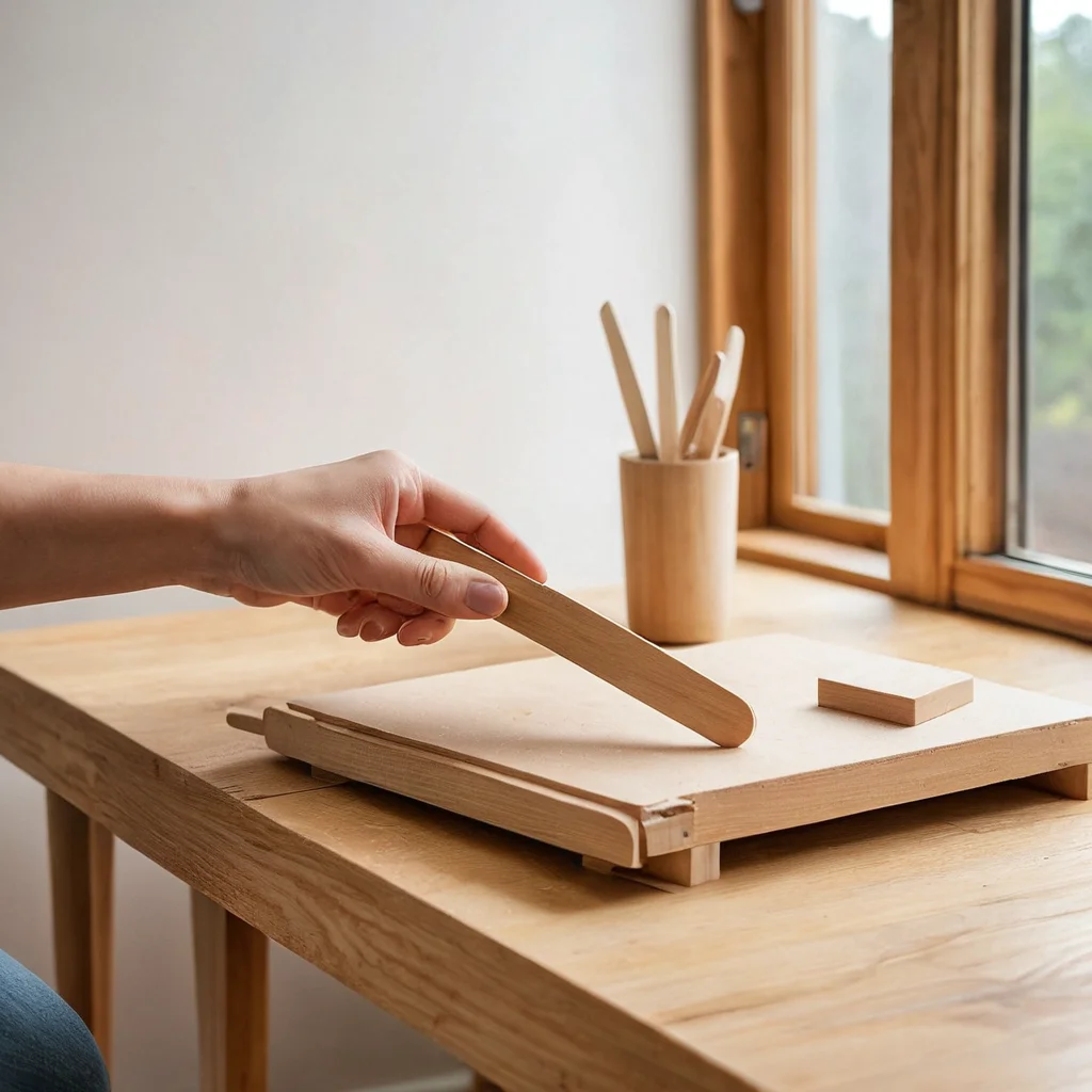 Крупный план рук, аккуратно склеивающих палочки от мороженого горячим клеем, создавая стильную мини-полку. Изображение иллюстрирует ключевой этап пошагового мастер-класса по DIY-декору.