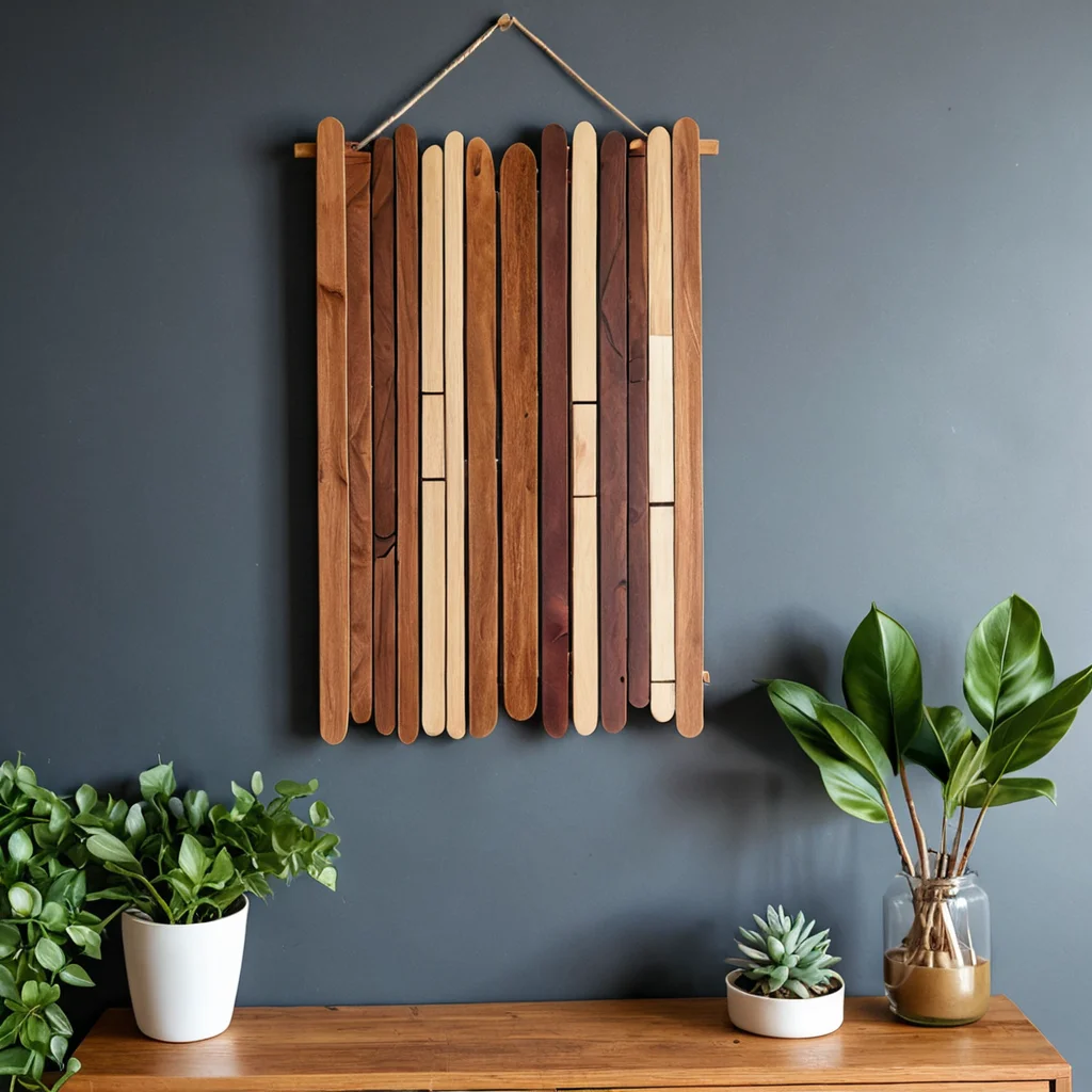 Изысканное настенное панно из палочек от мороженого, обработанных морилкой или краской под дерево, придающей им дорогой и эстетичный вид. Рядом лежат необработанные палочки для контраста, демонстрируя секреты преображения DIY-декора.