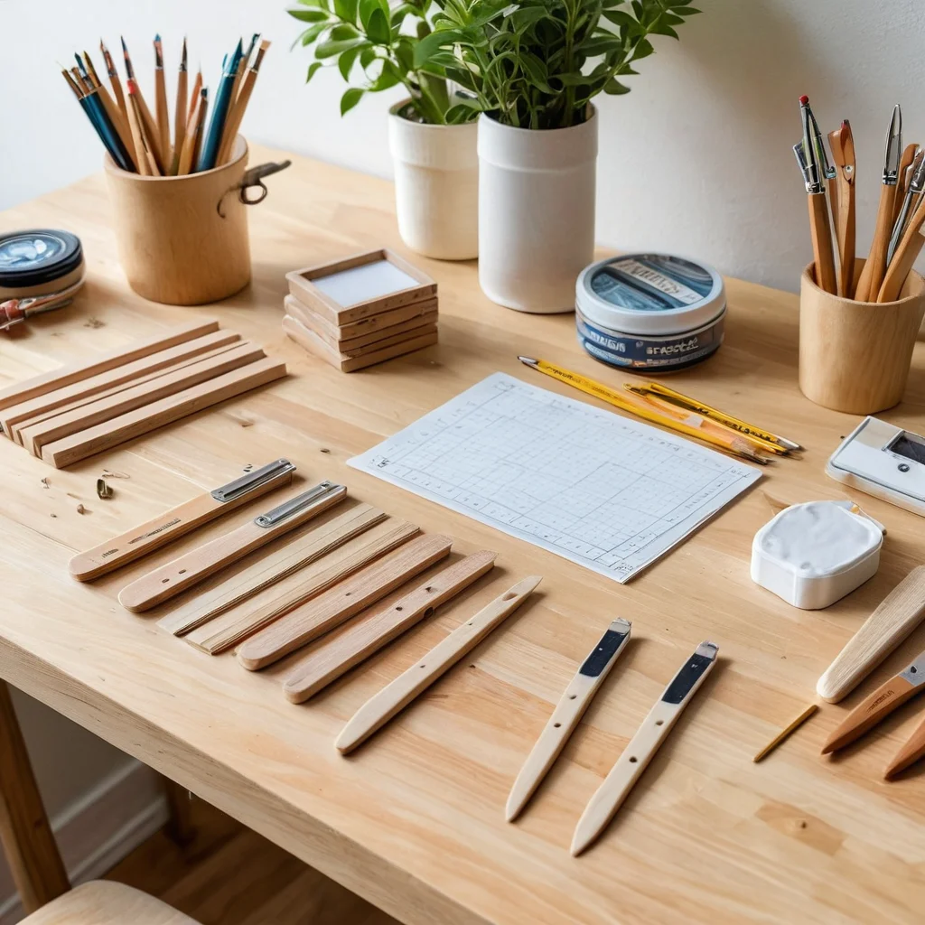 Аккуратно разложенный стартовый набор для создания декора из палочек от мороженого: стопка палочек, клеевой пистолет, ножницы, линейка и карандаш. Изображение демонстрирует необходимые инструменты для бюджетного DIY-проекта.