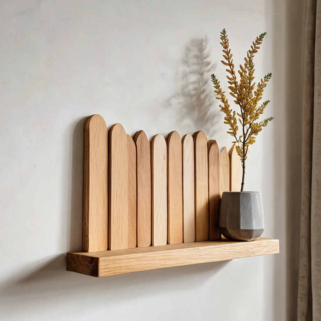 Изящная мини-полка из обычных палочек от мороженого, демонстрирующая потенциал бюджетного DIY-декора. Изображение подчеркивает, как простые материалы превращаются в стильный элемент интерьера, экономя средства.