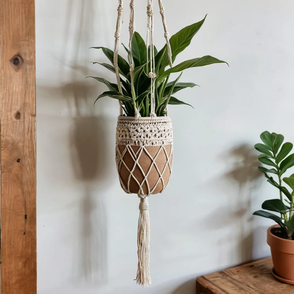 Декоративное кашпо для растения, изготовленное из переработанной пластиковой бутылки, вписанное в интерьер в стиле сканди или бохо, с натуральными текстурами и минималистичным дизайном.