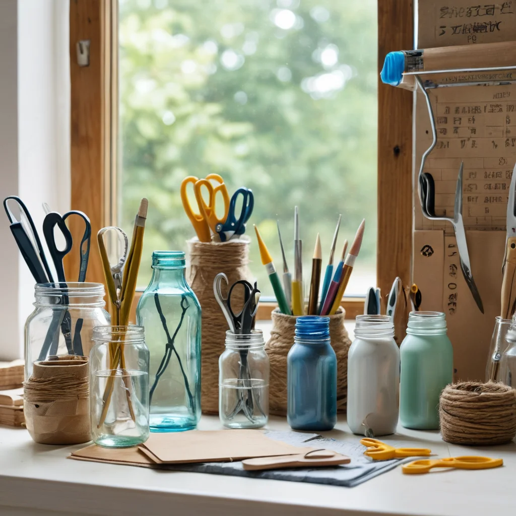 Набор материалов для DIY-декора: чистые пластиковые бутылки, клеевой пистолет, краски, веревка и другие бюджетные компоненты, аккуратно разложенные на столе.