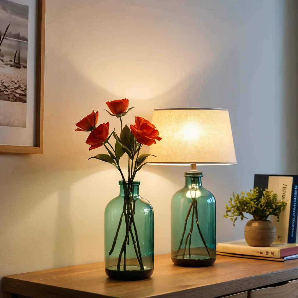 Процесс создания вазы-светильника из пластиковой бутылки: крупный план рук, вырезающих или декорирующих бутылку, с видимыми инструментами и материалами, готовая часть изделия освещена.